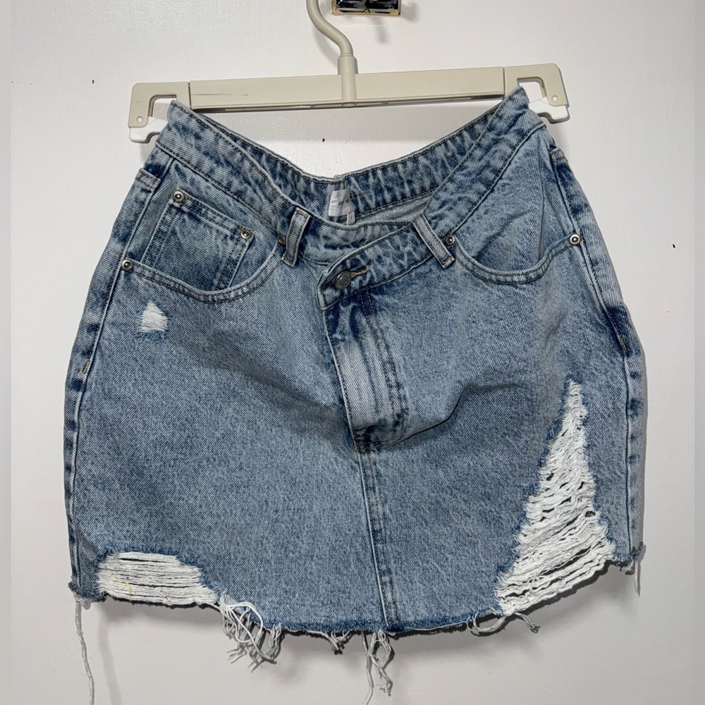 GREY LAB Denim Blue Ripped Mini Skirt